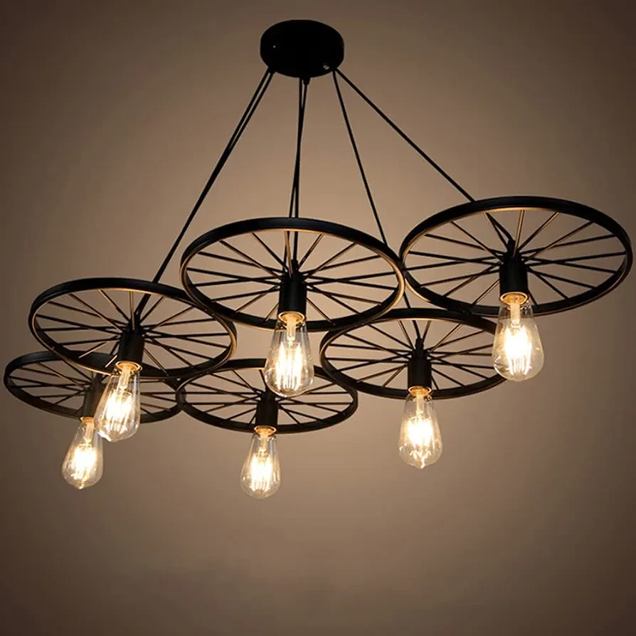 Industrial Wagon Wheel Pendant Light Fixtures Foyer Lamp Matte Black Chandelier Decoration Above The Restaurant Light Adjustable Ceiling Hanging Lamp for Dining Room Lighting Present