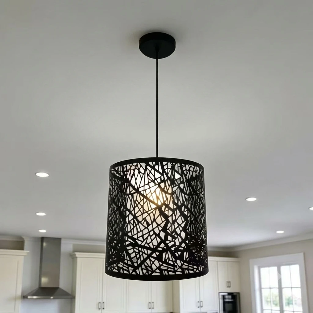 LEOSHI Pendant Light Fixtures,Modern Wrought Iron Hollow Chandelier Luminair,Black Lamp Body Interior Decoration Lighting Hanging Lamp,Restaurant Bar Study Bedroom Made in China