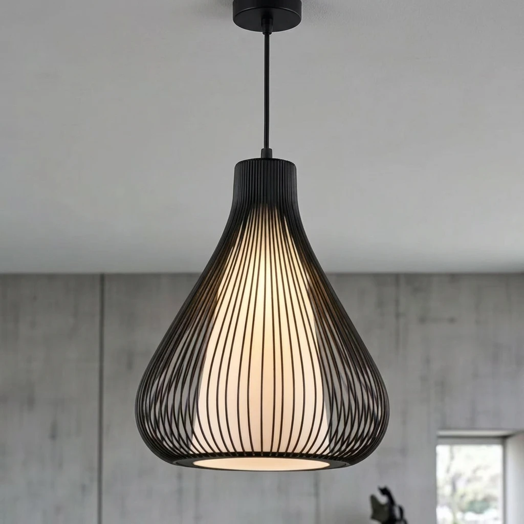 Industrial Pendant Retro One-Light Adjustable with Metal Cage Shade, Black Finish