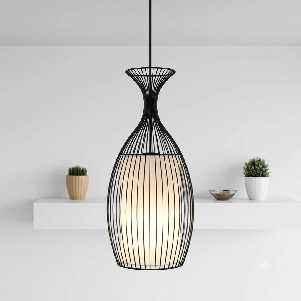 Chinese Birdcage Vase Shape Iron Pendant Lights Built in Fabric Lampshade,Creative Hanging Lamp for Kitchen Island Personality Retro Engineering Hanging Light Fixtures E27 Lamp Base