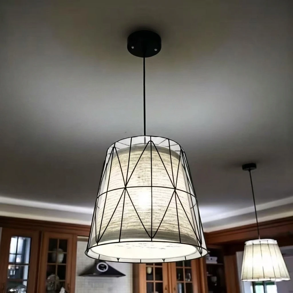 Bucket Ceiling Light Lodge Style Metallic and Rope 1 Light White/Blue-Orange-Yellow Pendant Lamp with Wire Frame