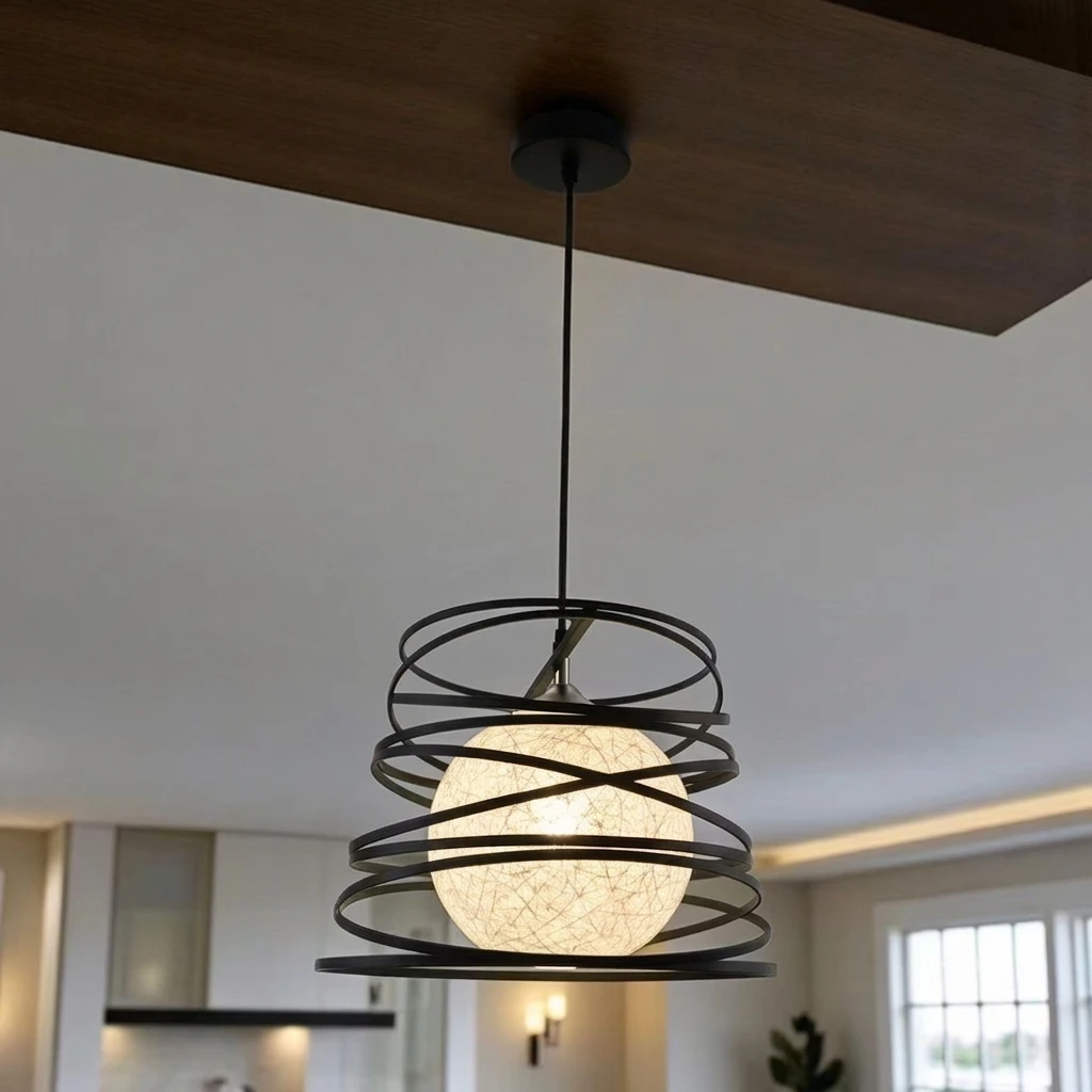 Swirl Conic Dining Room Ceiling Pendant Light Industrial Metal 1 Head White/Black Hanging Lamp with Wire Frame