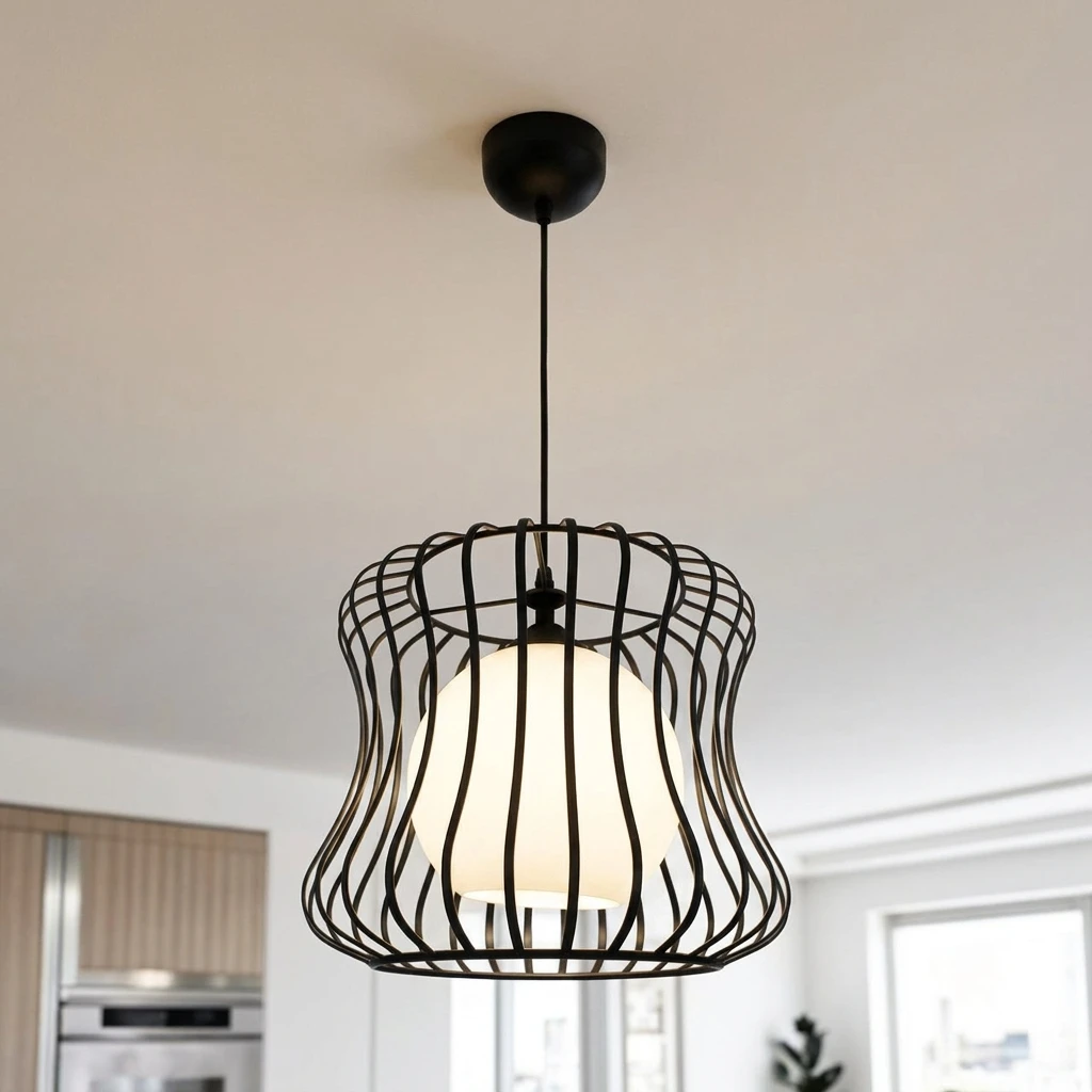 Pendant lamp features a black metal wire cage design with an internal white textured shade.