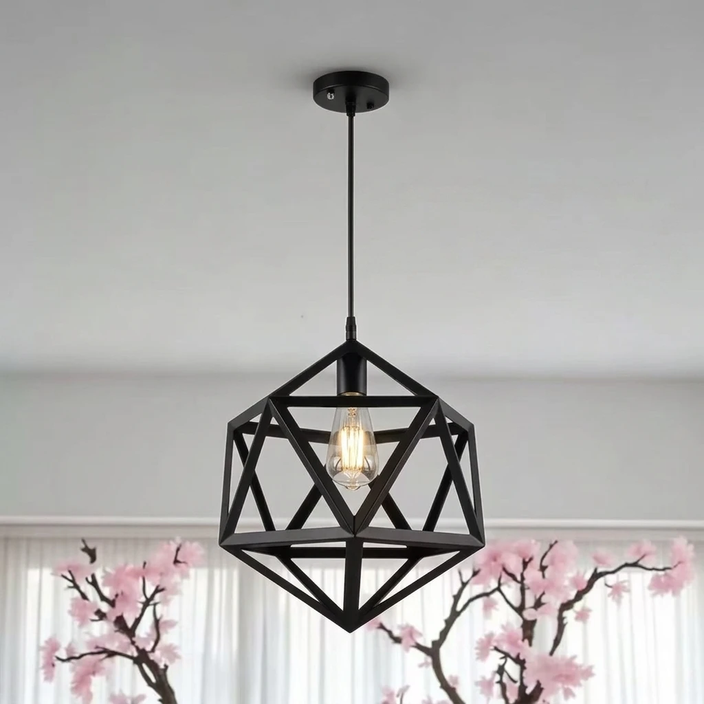 LED Chandeliers , V-intage Industrial Metal Pendant Light American Country Wrought Iron Multi hexahedron Hanging Lamp Individual Bird Cage Restaurant Droplight Creative Hollow Diamond Chandelier Mod