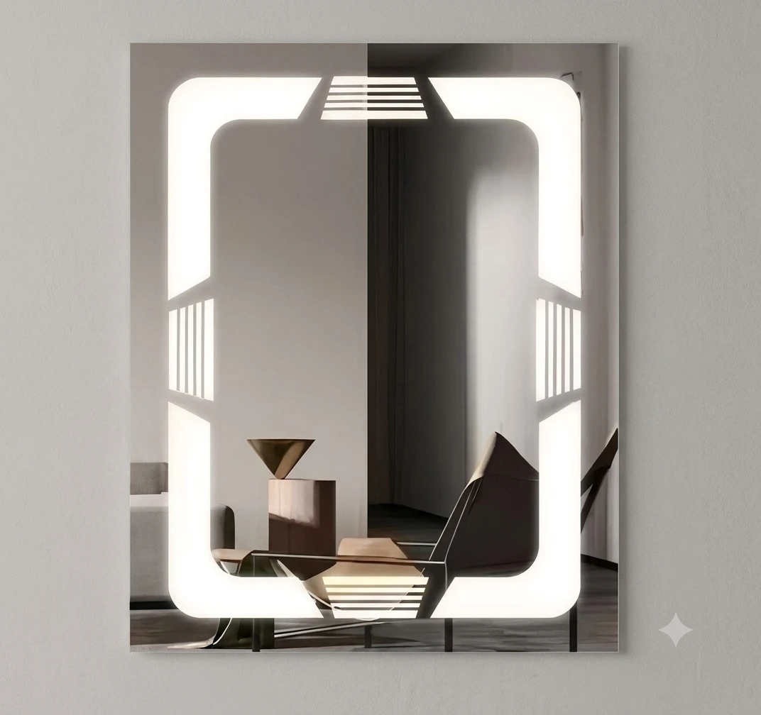 Rectangular LED mirror measures 80*60 cm and features a modern design with patterned lighting details