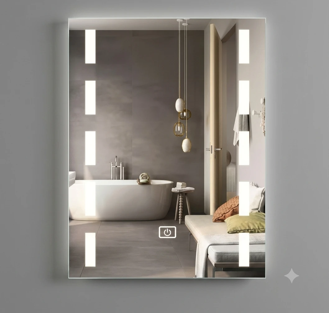 Frameless LED bathroom vanity mirror features vertical light strips and a touch sensor