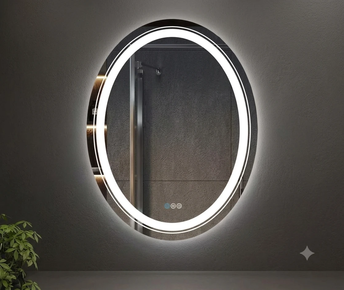 80*60 Oval bathroom vanity mirror with integrated LED lighting