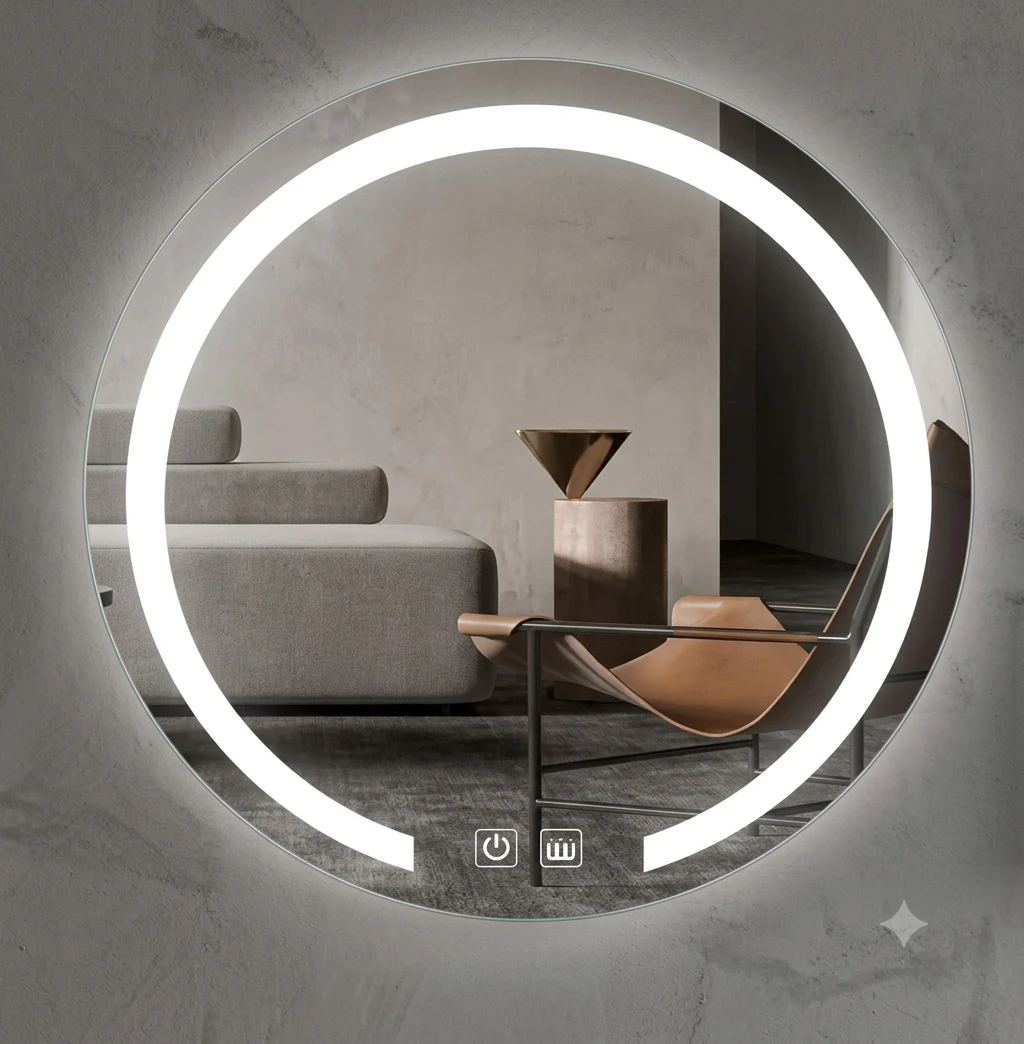 60cm round LED bathroom mirror featuring touch control buttons for light adjustment