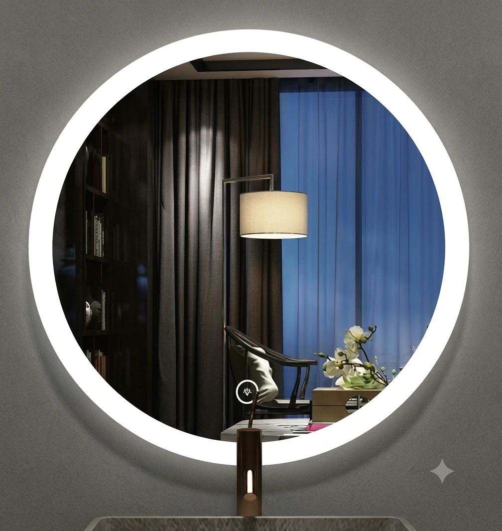 60cm round LED bathroom mirror features a modern backlit design with a touch-control light setting