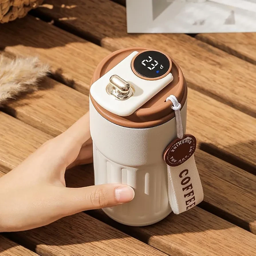 Fancy Stainless Steel Coffee Mug with Smart Temperature Display, 420ML | Double Wall Insulated Travel Mug with Lid & Strap | Leak-Proof Hot & Cold Thermal Coffee Cup for Office, Girls & Gifting
