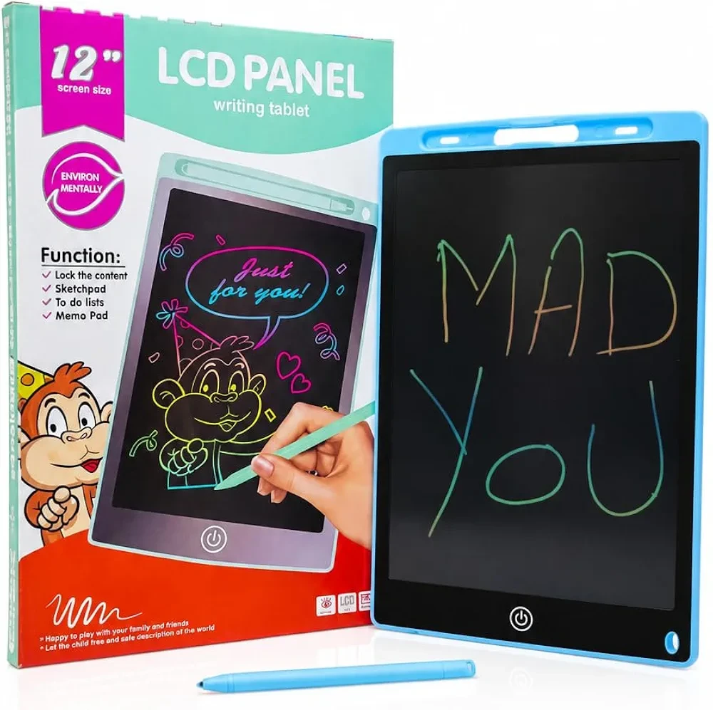 LCD Panel Writing Tablet for Kids, 12 Inch Colour Screen, Blue, with Lock Function, Sketchpad and Stylus Pen