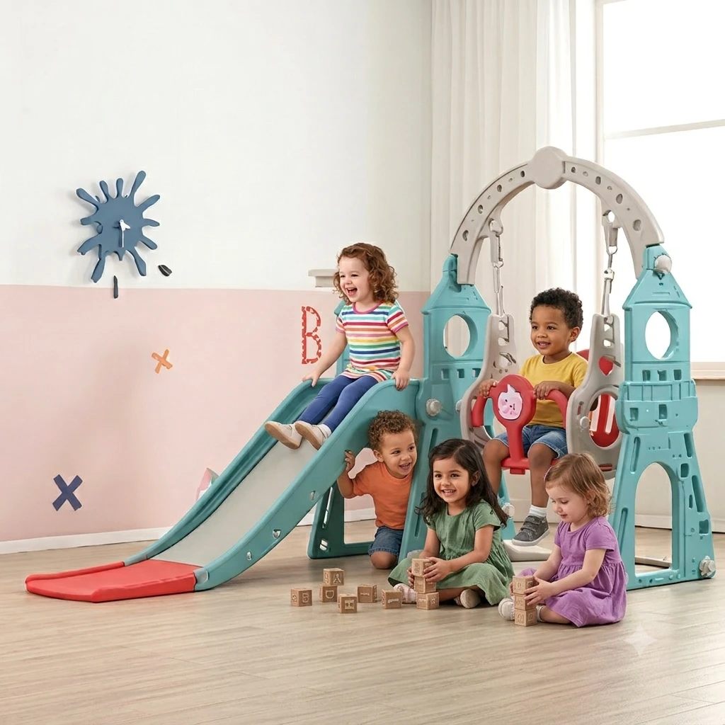4 in 1 Toddler Slide and Swing Set, Kid Slide for Toddlers Age 1-2, Baby Slide with Basketball Hoop, Indoor Outdoor Slide Toddler Playset Toddler Playground– Blue