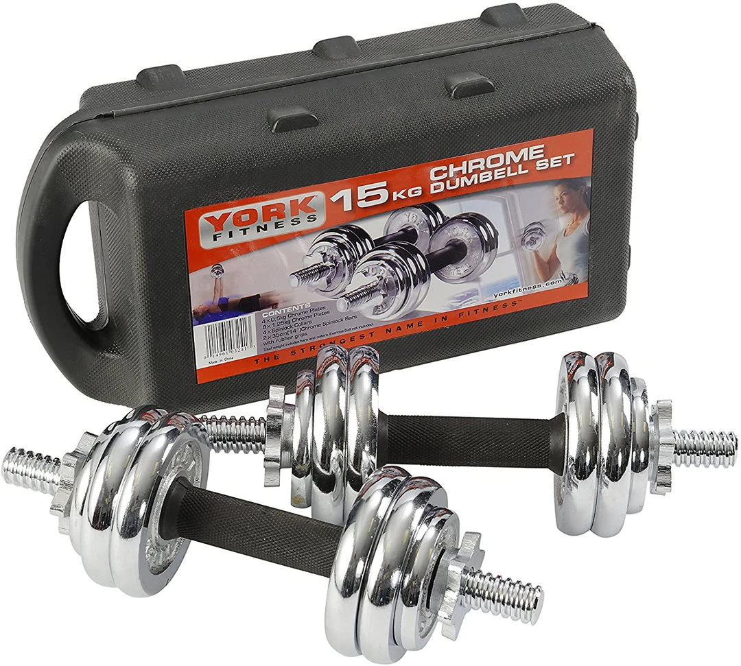 York Fitness 15kg Chrome Dumbbell Set with Adjustable Weights and Cushioned Handles