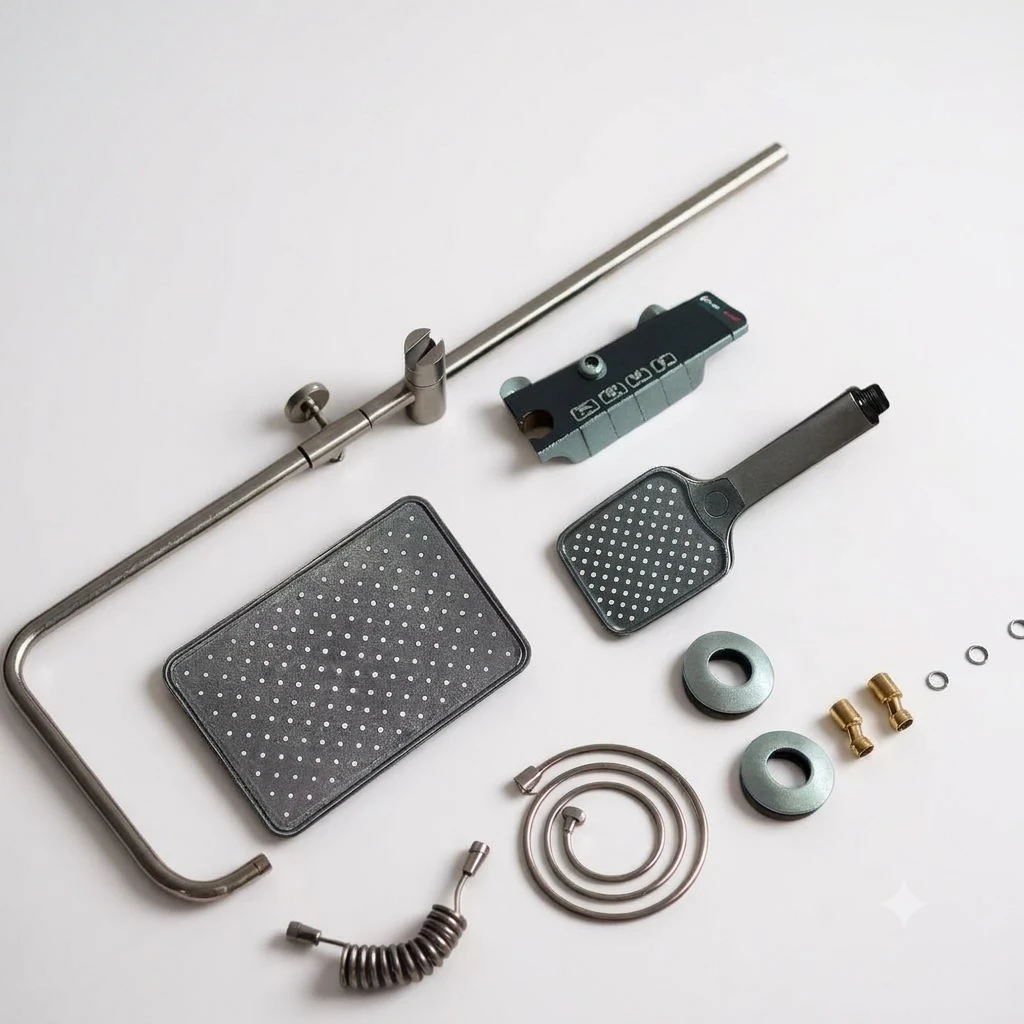 Modern bathroom shower set featuring a gunmetal gray finish