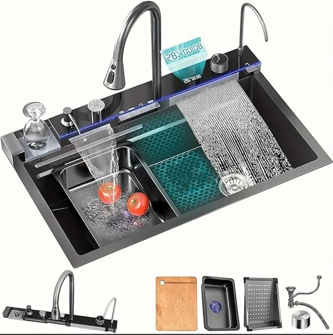 Stainless Steel Smart Sink With Digital Display, 29 * 18 Inch Waterfall Kitchen Sink Drop In Workstation, Large Single Bowl With Pull-Out Faucet & Multiple Accessories