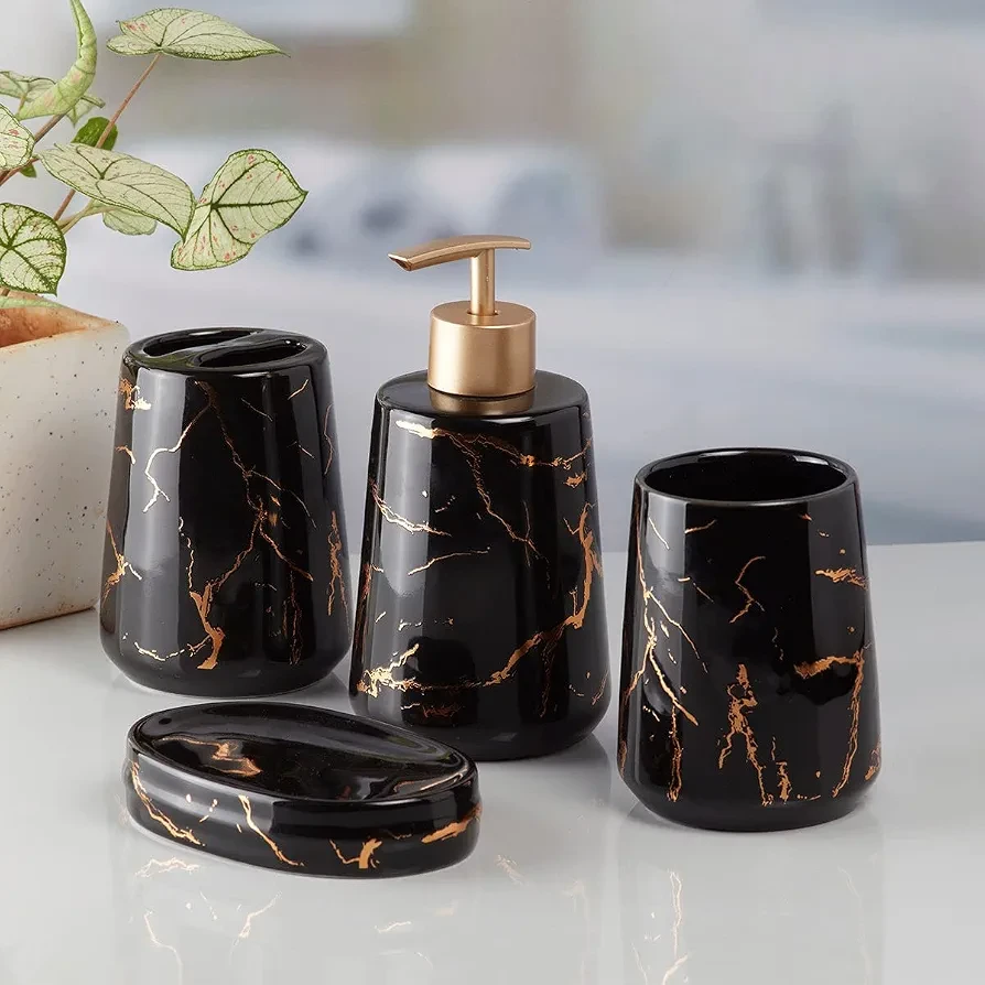 Ceramic Bathroom Accessories Set of 4 Modern Bath Set with Soap Dispenser & Toothbrush Holder, Luxury Home & Gift Idea, Black/Gold
