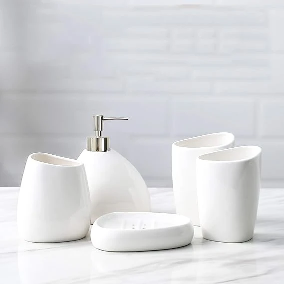 White Ceramic Bathroom Accessory Set, Bathroom Vanity Countertop Set, Bathroom Soap Dispenser And Toothbrush Holder Set Complete, 2 Tumbler Cup, Soap Dish, 5 Pieces