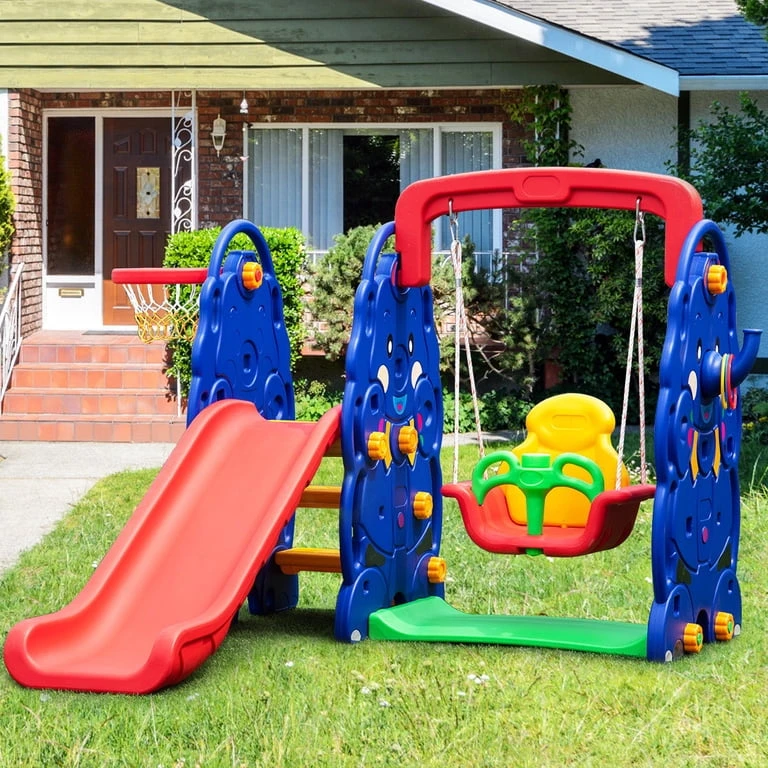 3 in 1 Junior Children Climber Slide Swing Seat Basketball Hoop Playset Backyard