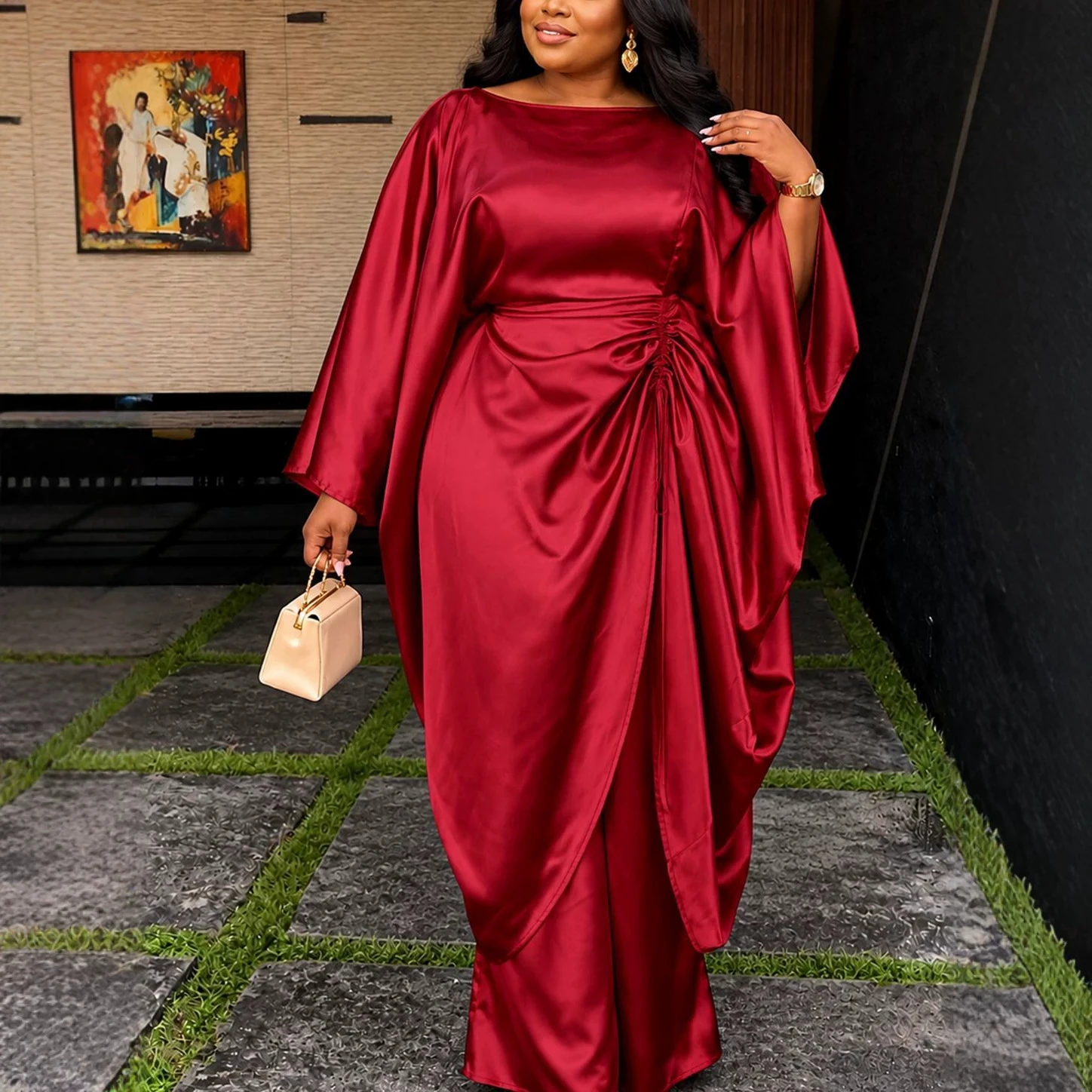 Cross-border plus size women's satin set burgundy wide-leg pants two-piece set loose bat sleeve banquet dress